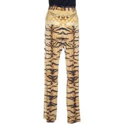 Pre Owned Roberto Cavalli Brown Leopard Print Stretch Silk Straight Leg Pants L