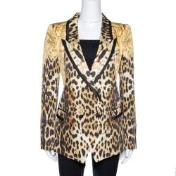 Pre Owned Roberto Cavalli Brown Animal & Eagle Print Silk Double Breasted Blazer L