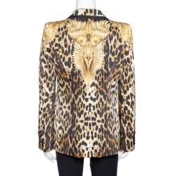Pre Owned Roberto Cavalli Brown Animal & Eagle Print Silk Double Breasted Blazer L