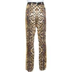 مملوكة مسبقًا Roberto Cavalli Brown Leopard & Wings Print Silk Straight Leg Pants L