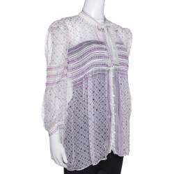 Pre Owned Roberto Cavalli White & Purple Floral Print Silk Sheer Blouse M