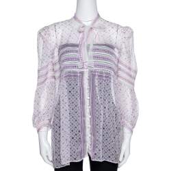 Pre Owned Roberto Cavalli White & Purple Floral Print Silk Sheer Blouse M