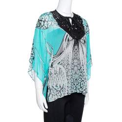 Pre Owned Roberto Cavalli Turquoise Blue Printed Silk Leather Trim Kaftan Top M
