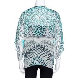 Pre Owned Roberto Cavalli Turquoise Blue Printed Silk Leather Trim Kaftan Top M