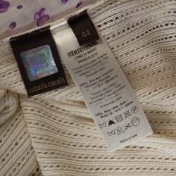 Pre Owned توب روبرتو كافالي منفوش مزخرف تريكو و حرير مطبوع مورد أبيض مقتس وسط (ميديوم)