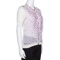 Pre Owned توب روبرتو كافالي منفوش مزخرف تريكو و حرير مطبوع مورد أبيض مقتس وسط (ميديوم)
