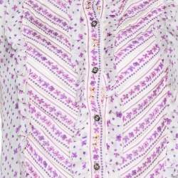 Pre Owned توب روبرتو كافالي منفوش مزخرف تريكو و حرير مطبوع مورد أبيض مقتس وسط (ميديوم)