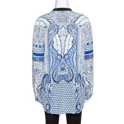 Pre Owned Roberto Cavalli Blue Printed Silk Long Sleeve Blouse L