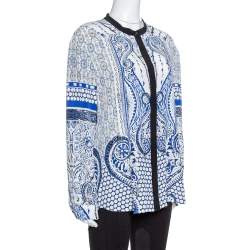 Pre Owned Roberto Cavalli Blue Printed Silk Long Sleeve Blouse L