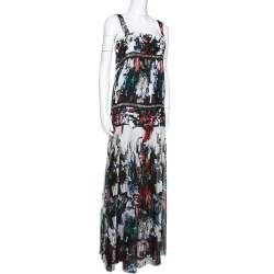 Pre Owned فستان روبرتو كافالي ماكسي بطيات مزخرف سلسلة حرير مطبوع مورد متعدد الألوان مقاس وسط (ميديوم)