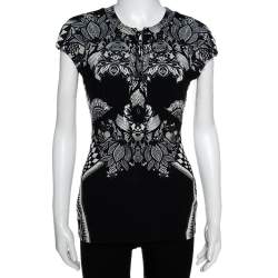 Pre Owned Roberto Cavalli Monochrome Abstract Paisley Printed Jersey Top M