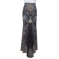 مملوكة مسبقًا تنورة روبرتو كافالي ذيل سمكة حرير مطبع بني طويلة S