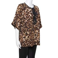 Pre Owned Roberto Cavalli Brown Printed Silk Crepe Tie Front Blouse L