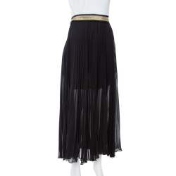 Pre Owned Roberto Cavalli Black Silk Crepe Pleated Midi Skirt L