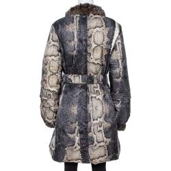 Roberto Cavalli Grey Snake Print Mink Fur Trim Down Coat L