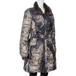Roberto Cavalli Grey Snake Print Mink Fur Trim Down Coat L