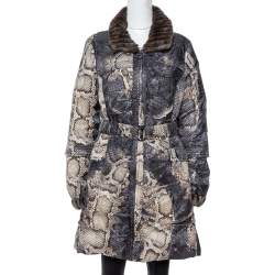 Roberto Cavalli Grey Snake Print Mink Fur Trim Down Coat L