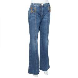 Pre Owned Roberto Cavalli Indigo Distressed Denim Chain Detail Flared Jeans M