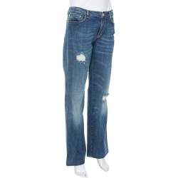 Pre Owned Roberto Cavalli Blue Distressed Denim Logo Embellished Jeans L