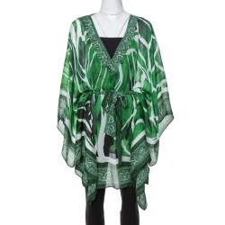 Pre Owned Roberto Cavalli Green Paisley Print Silk Belted Kaftan Top M