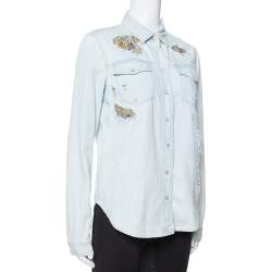 مملوكة مسبقًا Roberto Cavalli Light Blue Distressed Denim Patch Detail Shirt S
