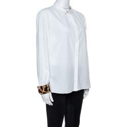 Pre Owned قميص روبرتو كا فالي قطن أبيض نقشة الفهد أكمام طويلة مقاس كبير - لارج