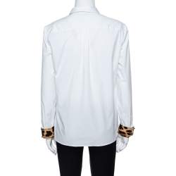 Pre Owned قميص روبرتو كافالي قطن أبيض نقشة الفهد أكمام طويلة مقاس كبير - لارج