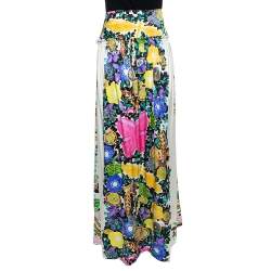 Roberto Cavalli Cream Flora & Fauna Print Satin Silk Maxi Skirt L