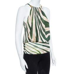 Pre Owned توب روبرتو كافالي حرير أخضر مخطط سيربينتين برقبة حمالات مقاس متوسط - ميديوم