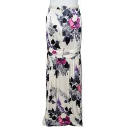 Pre Owned Roberto Cavalli Cream Floral Print Silk Satin Maxi Skirt S