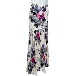Pre Owned Roberto Cavalli Cream Floral Print Silk Satin Maxi Skirt S
