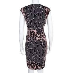 Pre Owned Roberto Cavalli Grey and Pink Ruched Animal Print Dress M