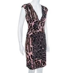Pre Owned Roberto Cavalli Grey and Pink Ruched Animal Print Dress M