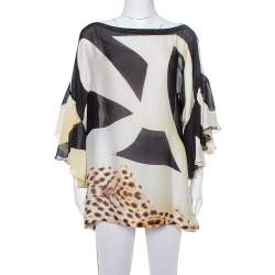 Pre Owned Roberto Cavalli Cream Animal Print Silk Boat Neck Top M