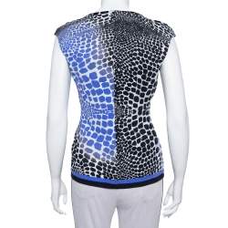 Pre Owned Roberto Cavalli Blue & Black Knit Animal Print Plunge Neck Top M
