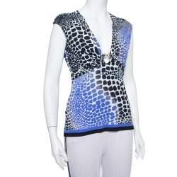 Pre Owned Roberto Cavalli Blue & Black Knit Animal Print Plunge Neck Top M