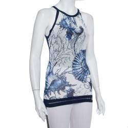 مملوكة مسبقًا توب روبرتو كافالي بلا أكمام تريكو مطبوع كحلي /أبيض مقاس صغير