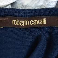 مملوكة مسبقًا توب روبرتو كافالي بلا أكمام تريكو مطبوع كحلي /أبيض مقاس صغير