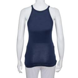 مملوكة مسبقًا توب روبرتو كافالي بلا أكمام تريكو مطبوع كحلي /أبيض مقاس صغير