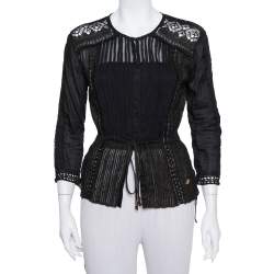 Pre Owned Roberto Cavalli Black Lurex Knit Pintuck Detail Sheer Top M