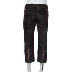 Pre Owned Roberto Cavalli Brown Leather Vintage Cropped Trousers M