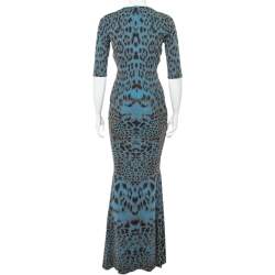 Pre Owned Roberto Cavalli Teal Blue Animal Printed Knit Plunge Neck Maxi Dress S