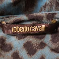 Pre Owned Roberto Cavalli Teal Blue Animal Printed Knit Plunge Neck Maxi Dress S