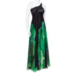 Pre Owned Roberto Cavalli Black and Green Printed Silk  One Shoulder Gown S