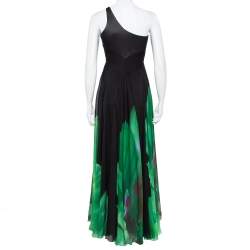 Pre Owned Roberto Cavalli Black and Green Printed Silk  One Shoulder Gown S