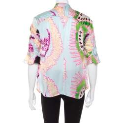 Pre Owned Roberto Cavalli Multicolor Abstract Printed Silk Ruffle Sleeve Blouse L