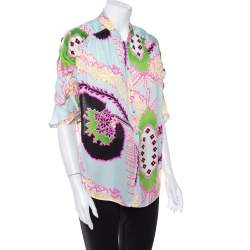Pre Owned Roberto Cavalli Multicolor Abstract Printed Silk Ruffle Sleeve Blouse L