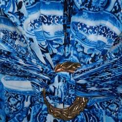 Pre Owned Roberto Cavalli Blue Printed Silk Belted Maxi Dress L