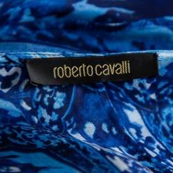 Pre Owned Roberto Cavalli Blue Printed Silk Belted Maxi Dress L