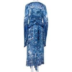 Pre Owned Roberto Cavalli Blue Printed Silk Belted Maxi Dress L